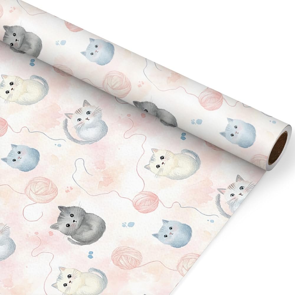 WALL-KNACK 17" X 393" Cute Dreamy Peach Blue Kittens Yarn Wrapping Paper Gift Wrap Roll for Wedding, Mother's Day, Holiday, Baby Shower, Women Girls Gifts, Birthdays, Bridal Shower and Engagement