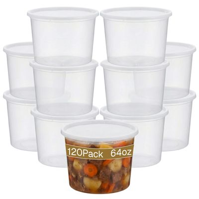 Disposable Meal Prep Food Storage Containers, BPA Free, Leak Resistant, Stackable, Microwave/Dishwasher/Freezer Safe, Reusable, Recyclable, Heavy Duty Deli Container & Lid, Regular, 240 sets, 64oz