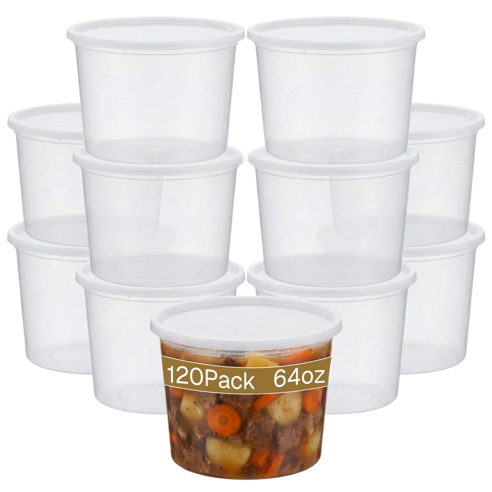 Disposable Meal Prep Food Storage Containers, BPA Free, Leak Resistant, Stackable, Microwave/Dishwasher/Freezer Safe, Reusable, Recyclable, Heavy Duty Deli Container & Lid, Regular, 240 sets, 64oz