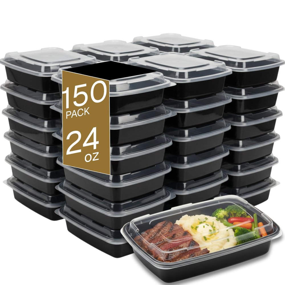 Disposable Meal Prep Food Storage Containers, BPA Free, Leak Resistant, Stackable, Microwave/Dishwasher/Freezer Safe, Reusable, Microwave Container with Lid, 150 sets, Rectangle, 24oz