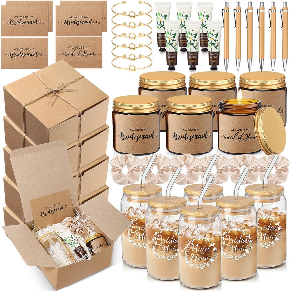 Teenyyou 60 Pcs Bridesmaid Proposal Gifts Bridesmaid Box Set, Maid of Honor Gifts Include Box Glass Cup Candle Cards Hair Ties Knotted Bracelets Hand Cream Diamond Pens(Brown)