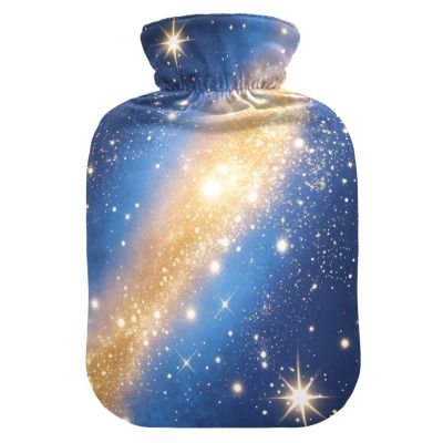 Blue and Gold Romantic Starry Universe hot Waterbottle with Soft Cover, 2L hot Water Bag for Menstrual Cramps, Neck and Shoulder Pain Relief, Pain Relief