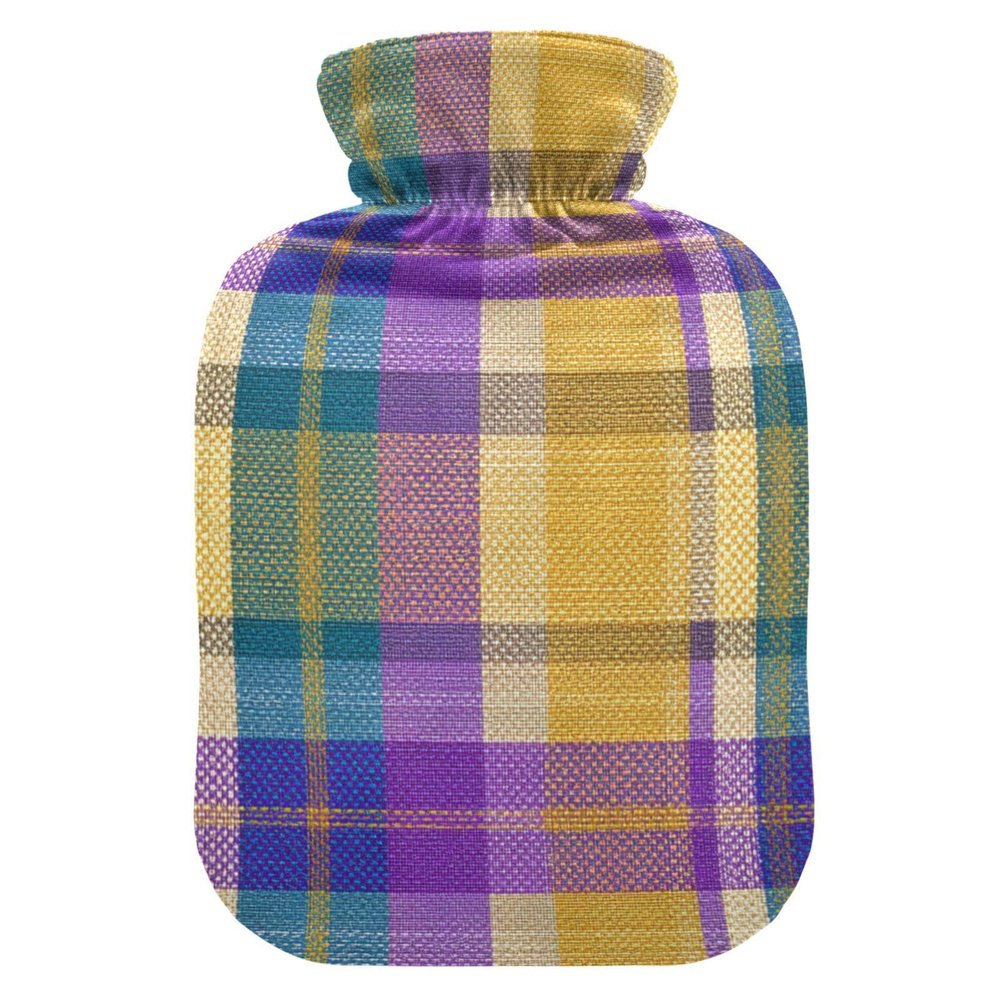 Mardi Gras Plaid Hot Water Bottle with Cover 2 L 12 Inch Winter Hot Water Bag for Menstrual Cramps Shoulder and Neck Pain Relief Heating Pad Feet Warmers Hot Compress