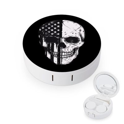 Am-erican Flag Skull Skeleton Contact Lens Case Box Holder Portable Eye Contacts Travel Kit with Mirror