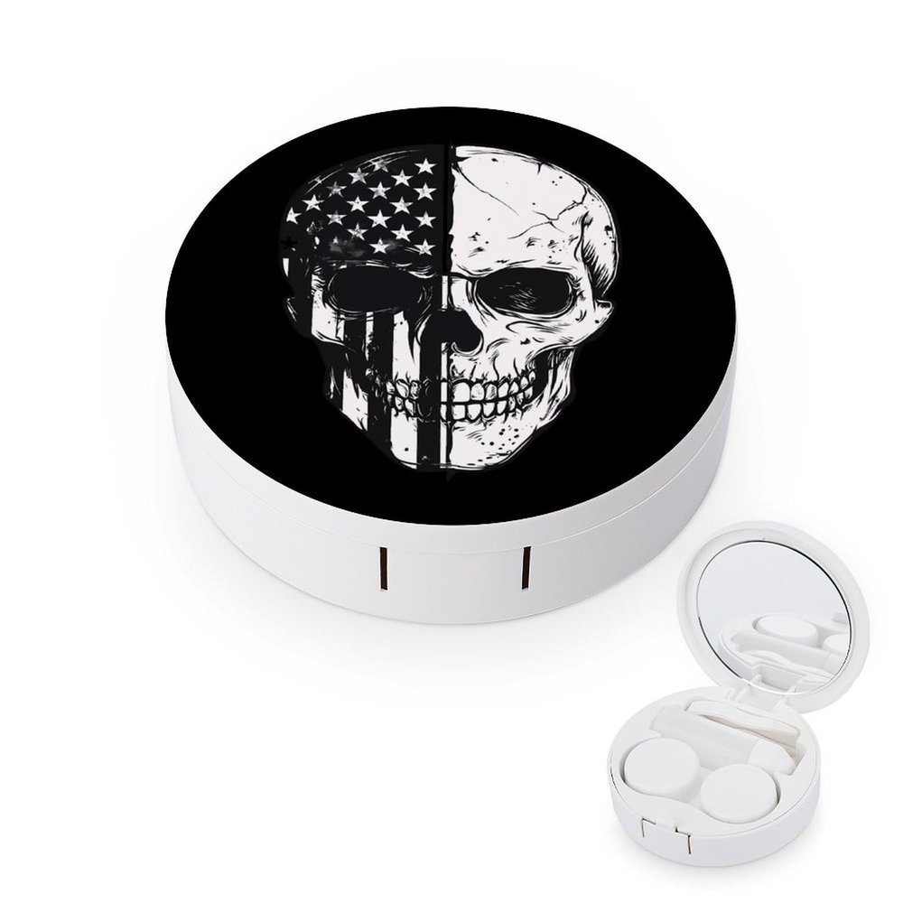 Am-erican Flag Skull Skeleton Contact Lens Case Box Holder Portable Eye Contacts Travel Kit with Mirror