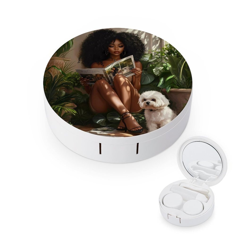 African American Black Woman Contact Lens Case Box Holder Portable Eye Contacts Travel Kit with Mirror