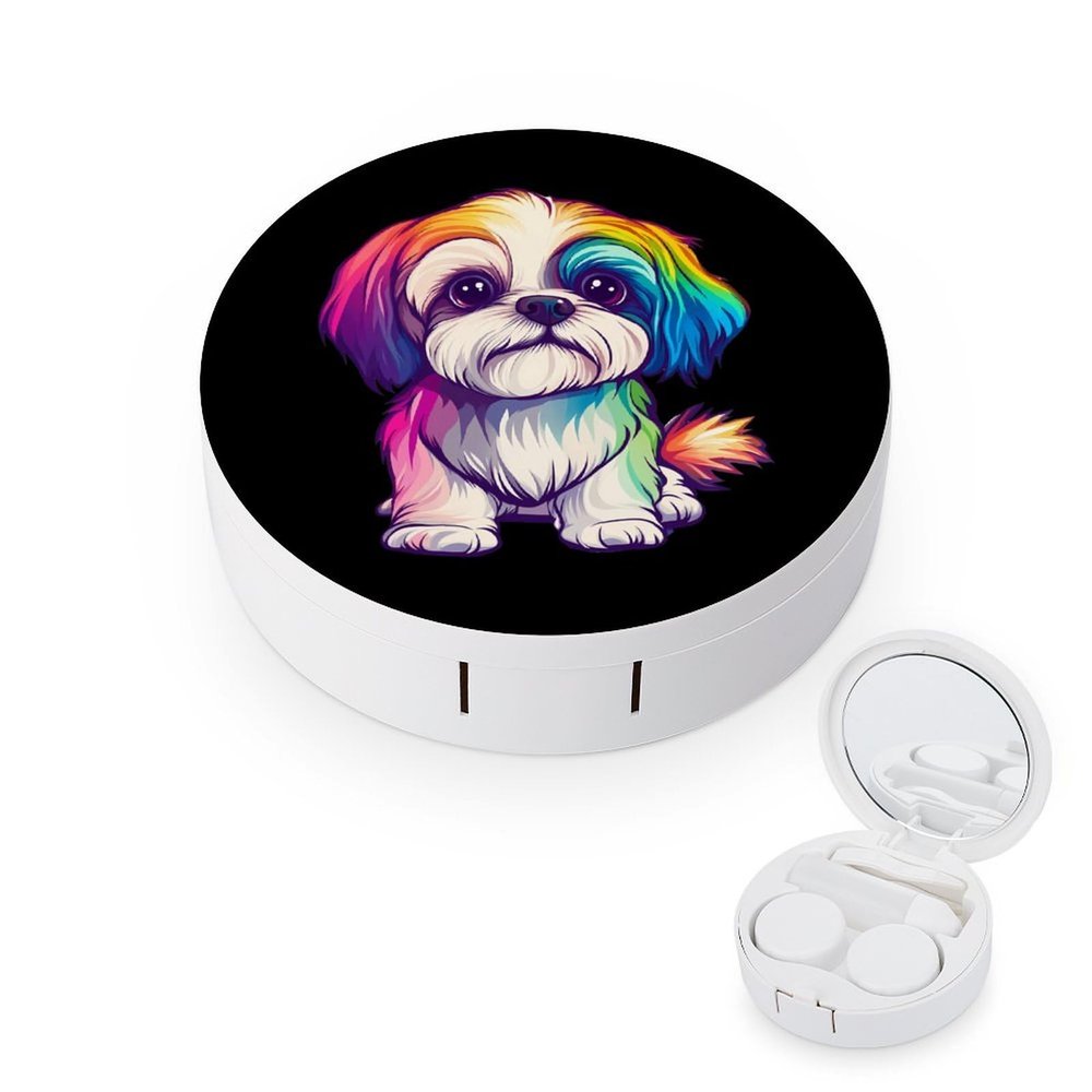 Colorful Shih Tzu Contact Lens Case Box Holder Portable Eye Contacts Travel Kit with Mirror