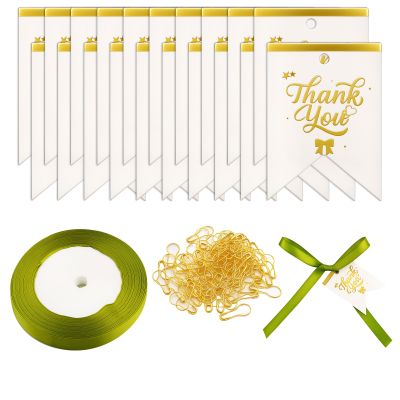 100-pack Thank You Gift Tags Set - 100 Thank You Tags & 100 Pins & 1Roll Green Ribbon String - Paper Hang Tag Labels for Treat Bag Clothes DIY CraftsWedding Birthday Holiday