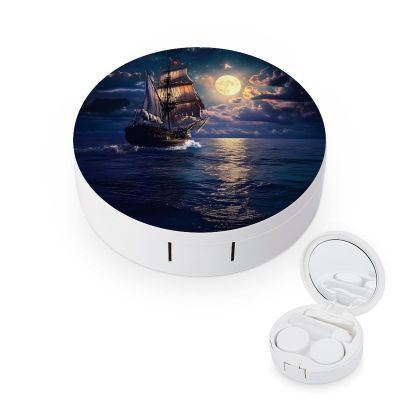 Boat Seascape And Moon in The Sky Contact Lens Case Box Holder Portable Eye Contacts Travel Kit with Mirror