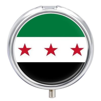 3 Compartments Pill Box Round Metal Small Medicine Vitamin Box for Travel Portable Syrian Republic Flag Printing Pill Case with Mirror Daily Use Round