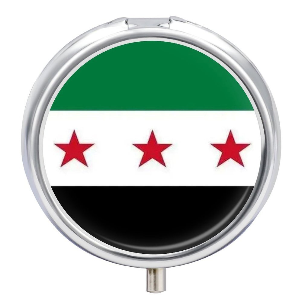 3 Compartments Pill Box Round Metal Small Medicine Vitamin Box for Travel Portable Syrian Republic Flag Printing Pill Case with Mirror Daily Use Round