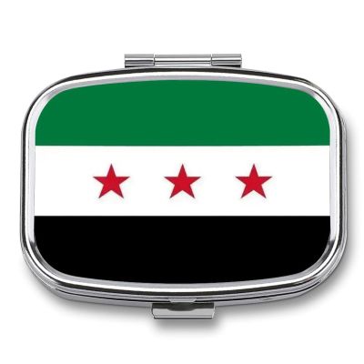2 Compartments Pill Box Square Metal Small Medicine Vitamin Box for Travel Portable Syrian Republic Flag Printing Pill Case with Mirror Daily Use Square