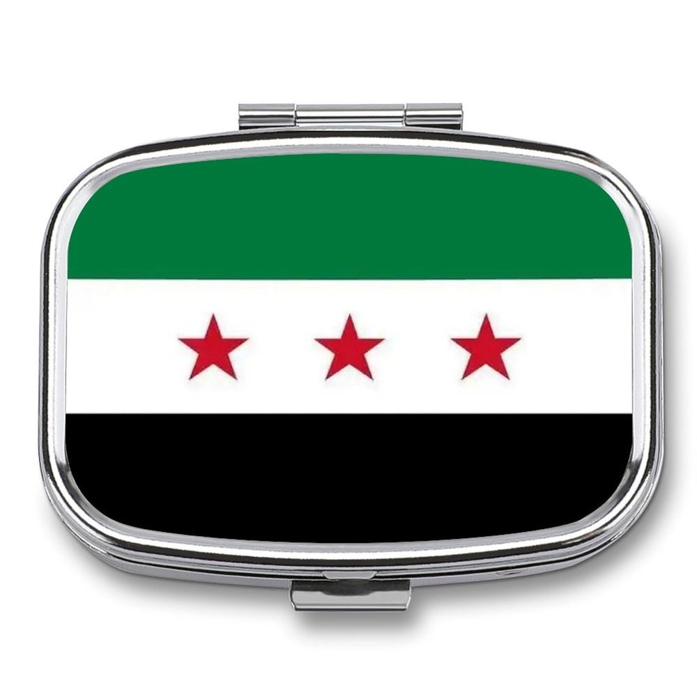 2 Compartments Pill Box Square Metal Small Medicine Vitamin Box for Travel Portable Syrian Republic Flag Printing Pill Case with Mirror Daily Use Square