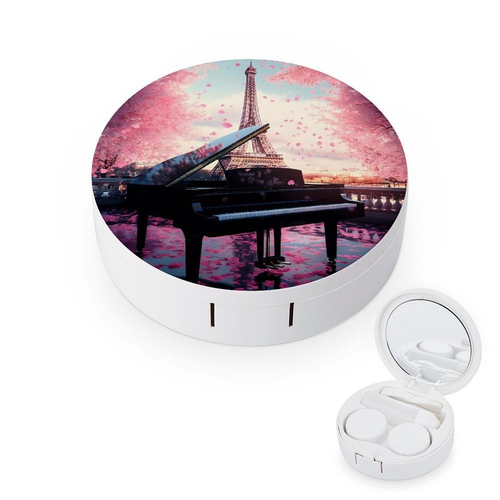 Eiffel Tower Cherry Flowers Contact Lens Case Box Holder Portable Eye Contacts Travel Kit with Mirror