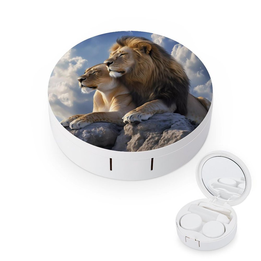 Animal Lion Love Contact Lens Case Box Holder Portable Eye Contacts Travel Kit with Mirror