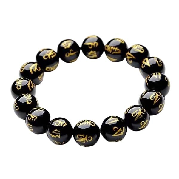10mm Beaded Stretch Bracelet Handmade Healing Crystal Jewelry Unisex Energy Bracelet (African Turquoise)(Black Agate (Om Mani Padme Hum))