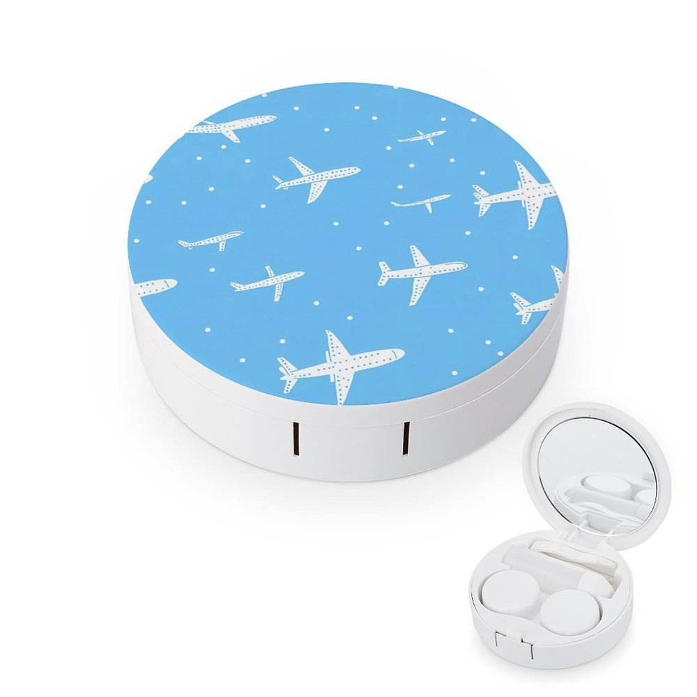 Airplane Print Contact Lens Case Box Holder Portable Eye Contacts Travel Kit with Mirror