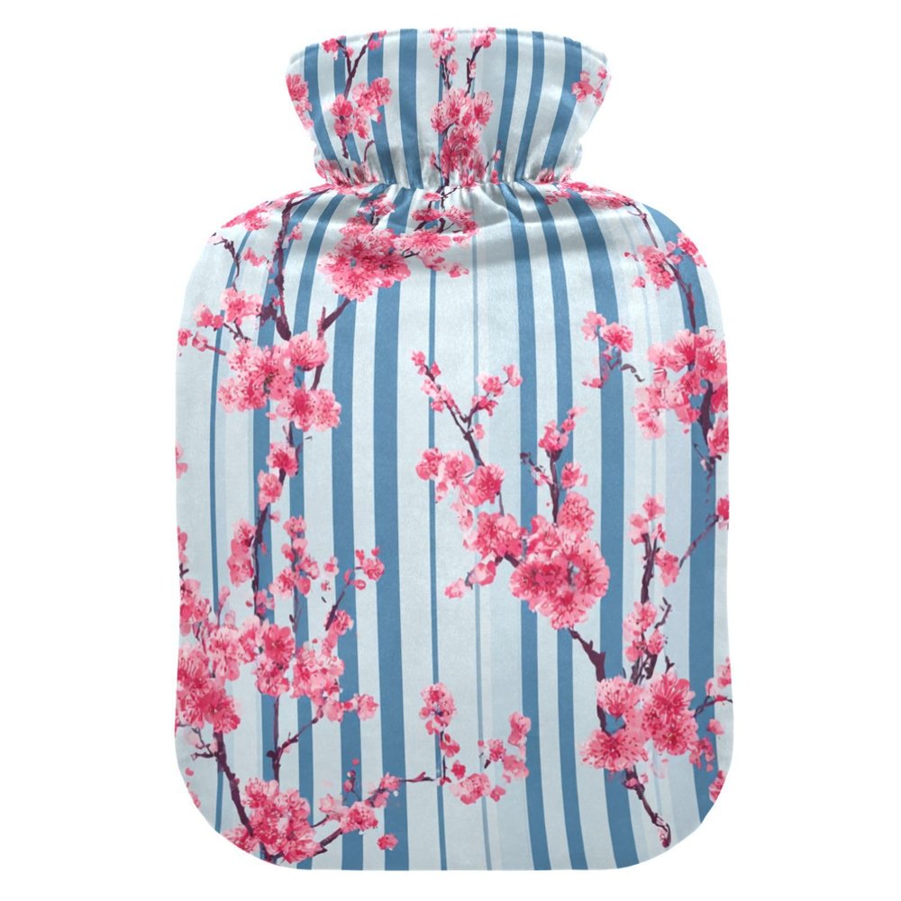 Blue Striped Cherry Blossom Hot Water Bottle with Cover 2 L 12 Inch Winter Hot Water Bag for Menstrual Cramps Shoulder and Neck Pain Relief Heating Pad Feet Warmers Hot Compress