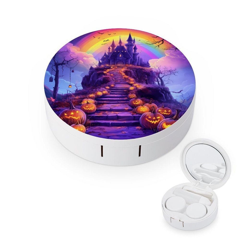 Halloween Pumpkins Haunted House Rainbows Contact Lens Case Box Holder Portable Eye Contacts Travel Kit with Mirror