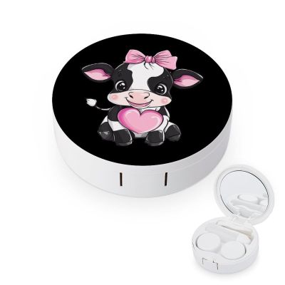 Black & White Cow Holding Heart Contact Lens Case Box Holder Portable Eye Contacts Travel Kit with Mirror