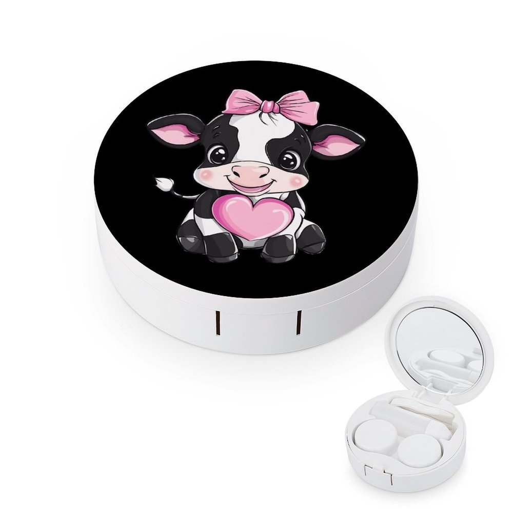Black & White Cow Holding Heart Contact Lens Case Box Holder Portable Eye Contacts Travel Kit with Mirror