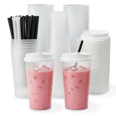 100 Sets Bulk Frosted Disposable Hard Plastic Cups With Straws Lids,90mm Disposable Bubble Boba Milk Tea ToGo Cups Cold Hot Plastic coffee Boba Tea Business TakeAway Supplies (16, ounces)