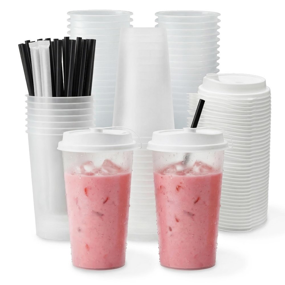 100 Sets Bulk Frosted Disposable Hard Plastic Cups With Straws Lids,90mm Disposable Bubble Boba Milk Tea ToGo Cups Cold Hot Plastic coffee Boba Tea Business TakeAway Supplies (16, ounces)