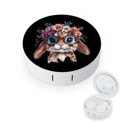 Bunny Leopard Glasses with Flower Crrown Contact Lens Case Box Holder Portable Eye Contacts Travel Kit with Mirror