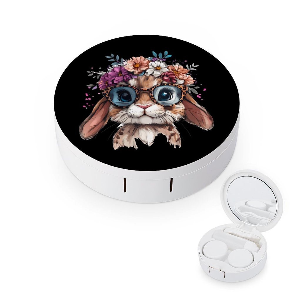 Bunny Leopard Glasses with Flower Crrown Contact Lens Case Box Holder Portable Eye Contacts Travel Kit with Mirror