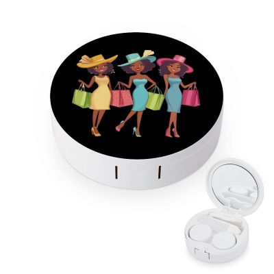 Cute African Am-erican Women Contact Lens Case Box Holder Portable Eye Contacts Travel Kit with Mirror