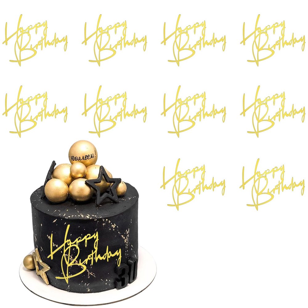 10 Pcs Gold Happy Birthday Cake Topper, Mirror Acrylic Cake Topper Decor Gold Birthday Cakes Decorations for Boy Girl Celebrating Birthdays Party Cakes Dessert