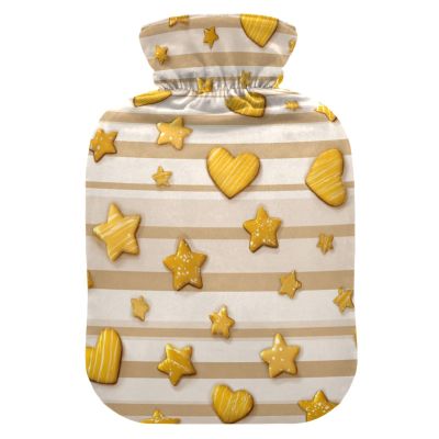 Beige Stripes Hearts and Stars Hot Water Bottle with Cover 2 L 12 Inch Winter Hot Water Bag for Menstrual Cramps Shoulder and Neck Pain Relief Heating Pad Feet Warmers Hot Compress