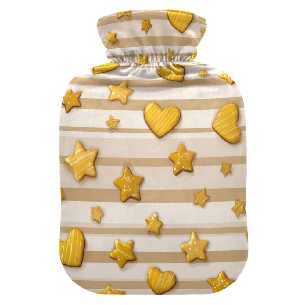 Beige Stripes Hearts and Stars Hot Water Bottle with Cover 2 L 12 Inch Winter Hot Water Bag for Menstrual Cramps Shoulder and Neck Pain Relief Heating Pad Feet Warmers Hot Compress