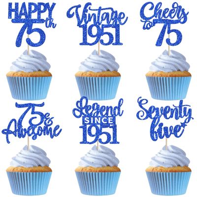24PCS Happy 75th Birthday Cupcake Toppers Seventy Five Vintage 1951 Cupcake Picks Cheers to 75 Lengend Since 1951 Cake Decorations for 75th Birthday Anniversary Party Decorations Supplies Blue