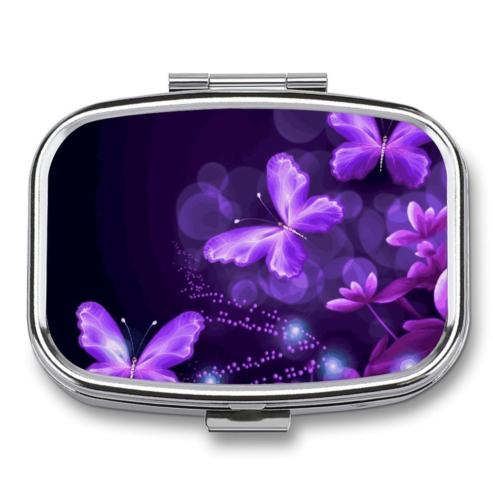 Lovely Purple Portable Square Travel Double-Compartment Pillbox, Vitamin Organizer, Unisex.