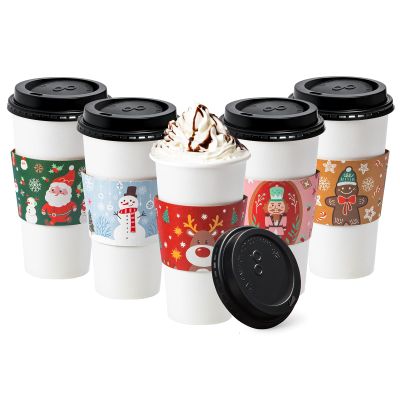 Fit Meal Prep 500 Pack 20 oz Christmas Disposable Coffee Cups with Lids, Sleeves, Leak-Proof To Go Coffee Cups with Lids, Durable Holiday Paper Cups for Hot Beverage, Home, Office, Party