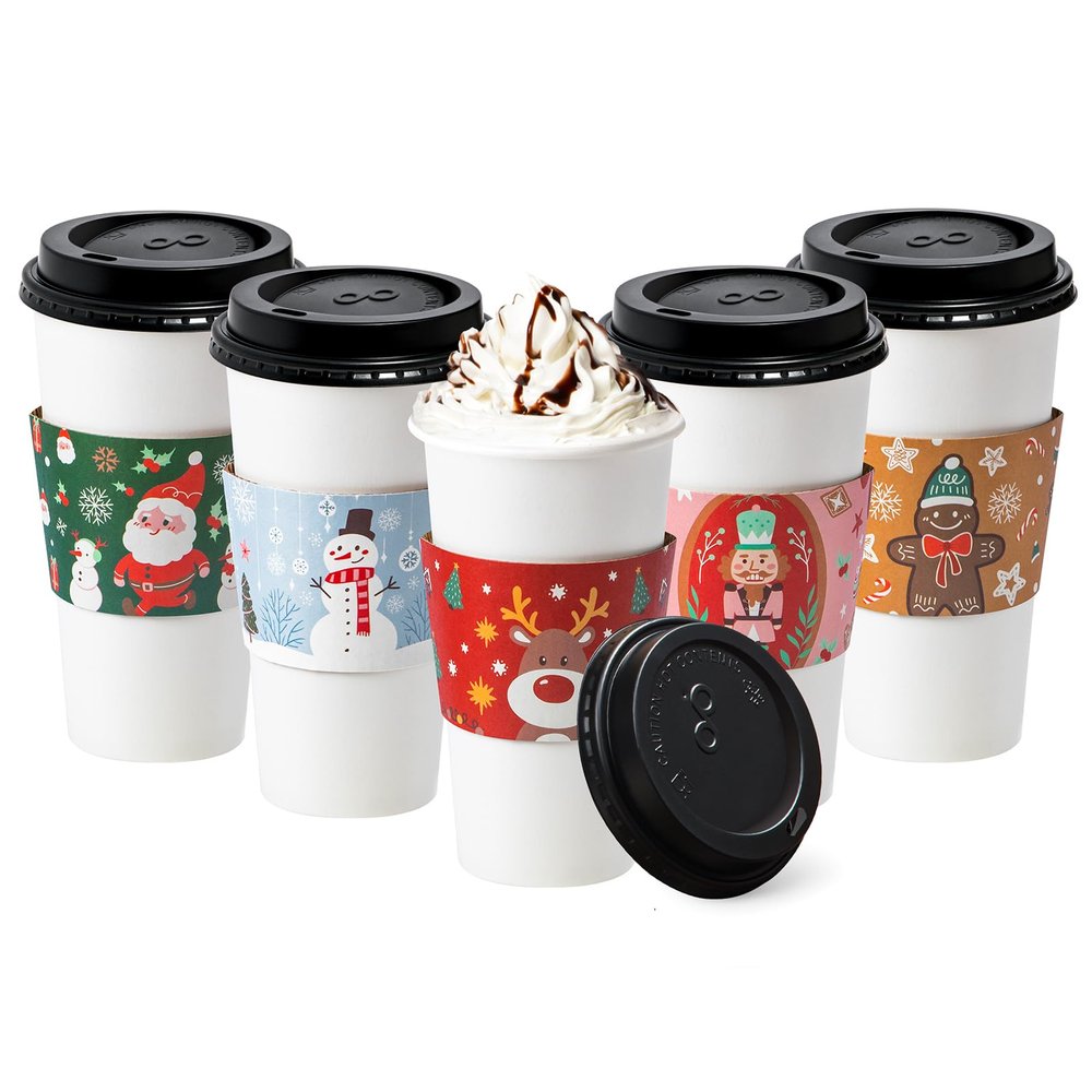Fit Meal Prep 500 Pack 20 oz Christmas Disposable Coffee Cups with Lids, Sleeves, Leak-Proof To Go Coffee Cups with Lids, Durable Holiday Paper Cups for Hot Beverage, Home, Office, Party
