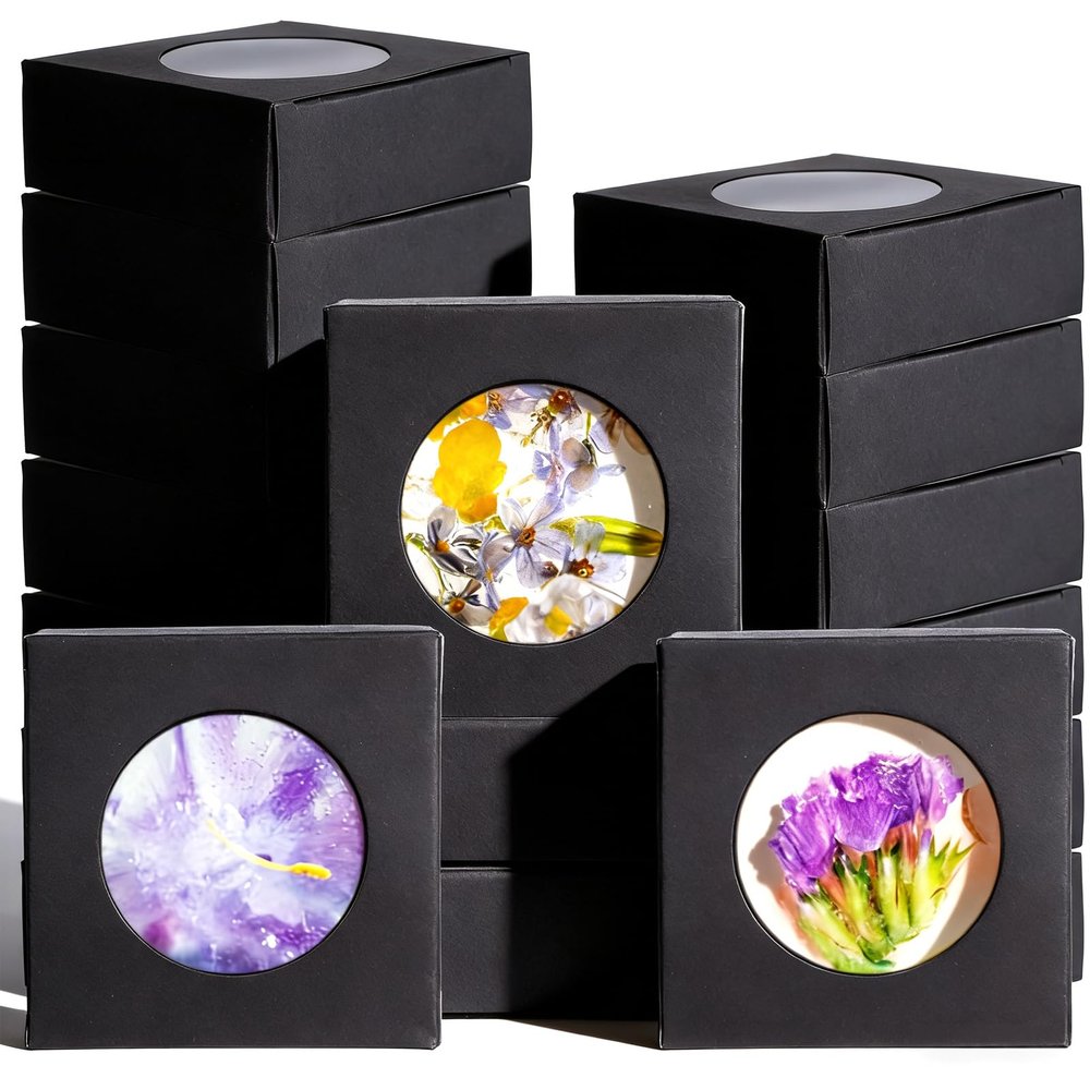 150 Pcs Black Soap Boxes for Homemade Soaps 3x3x1.2 Inch Small Gift Packaging Boxes with Clear Window for Candy, Cookies, Wedding Favors, Soap Making Supplies