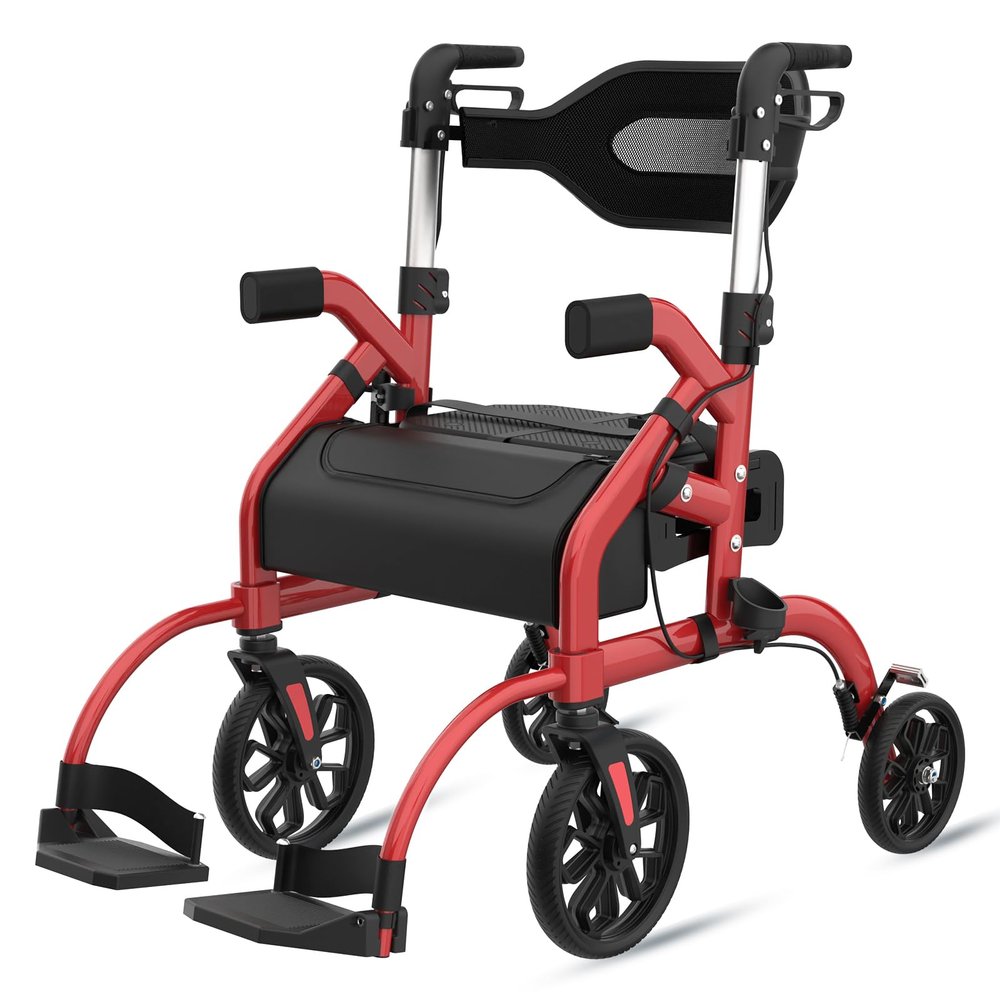 FVZZIN Walkers for Seniors, 2 in 1 Rollator Walker with Seat, 10" Front & 8" Rear Big Wheels, Walker Wheelchair Combo, Foldable Transport Chair, Adjustable Handles Height, 310 Lbs Capacity, Red