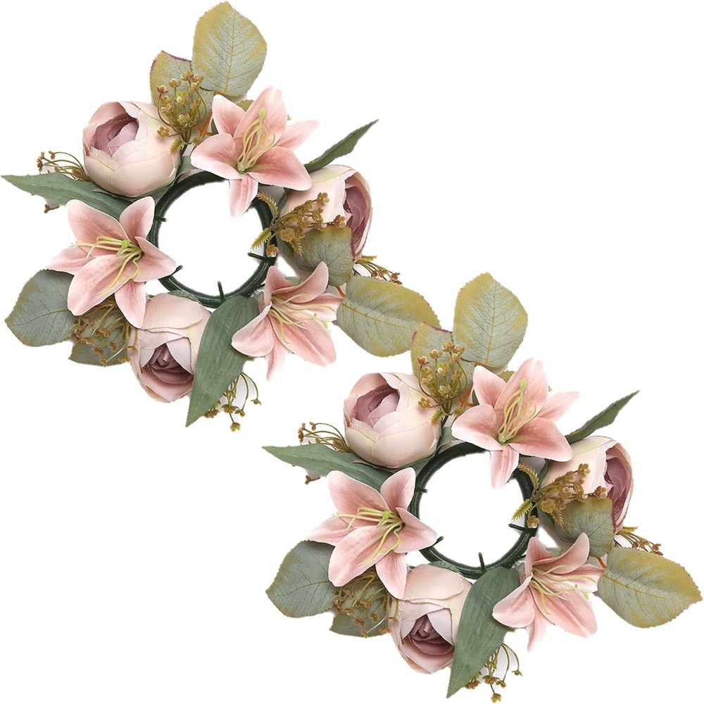 Candle Rings Wreaths 3 Inch Center, 2PCS Lilies Rose Floral Candle Rings, Flower Centerpieces for Tables Wedding Bridal Home Decor...