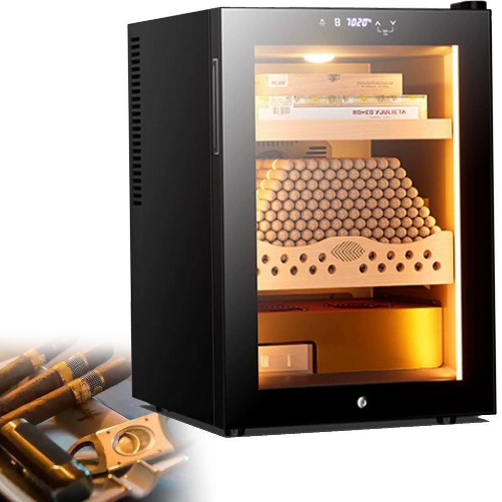50L Electric Cigar Humidor Cabinet with Light for 200-300 Cigars,Thermoelectric Cooling,Adjustable Temp and Humidity,Digital Display,Removable Cedar Shelves,Lock,Wine Storage,Gift for Men(B)