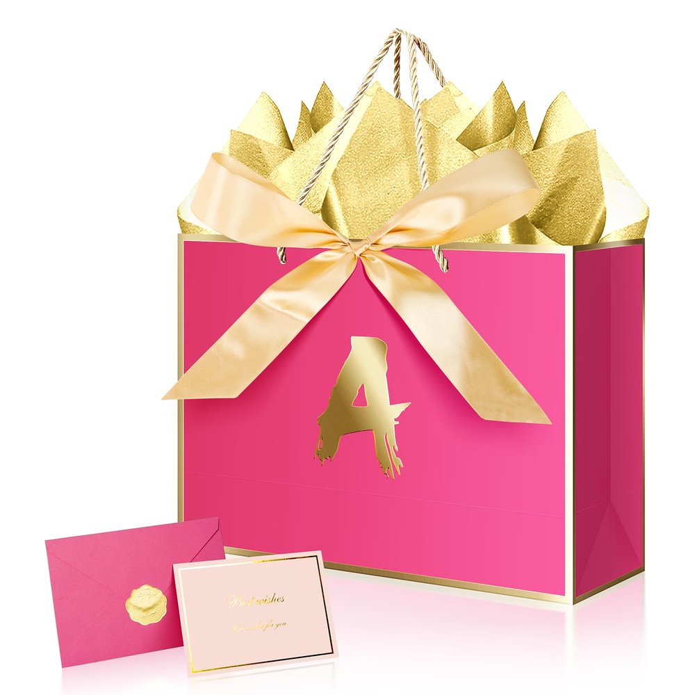 XiaosRen Personalized Gift Bag with Card and Tissue Paper, 12.6" Paper Bag with Ribbon for Women Girls Birthday Anniversary Wedding Bridesmaid (Hot Pink, A)