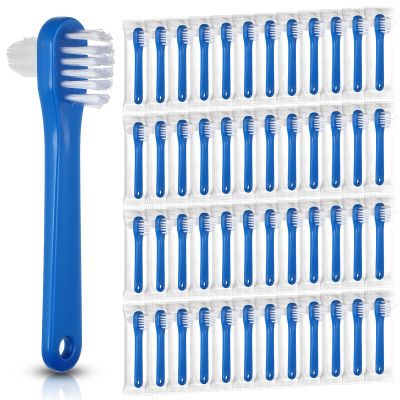 Oqqlin 50 Pcs Denture Brush Bulk, Dual Head Firm Hard Bristle Denture Toothbrush Portable Individually Blue Dentures Cleaner Brush for False Teeth, Mouth Guards, Clear Braces
