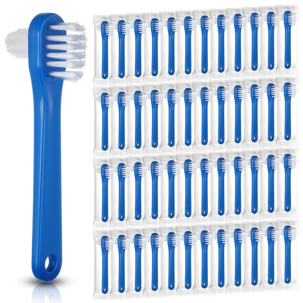 Oqqlin 50 Pcs Denture Brush Bulk, Dual Head Firm Hard Bristle Denture Toothbrush Portable Individually Blue Dentures Cleaner Brush for False Teeth, Mouth Guards, Clear Braces