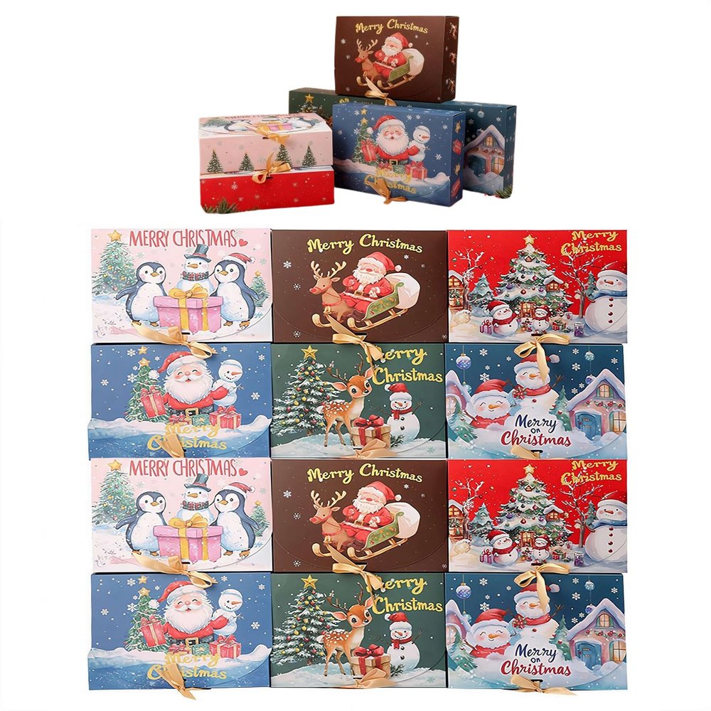 12 Pack Christmas Boxes for Gifts with Lids,Christmas Kraft Paper Gift Box Snowman Santa Claus Penguin Elk Box with Gold Ribbon for Christma Party Present Packaging