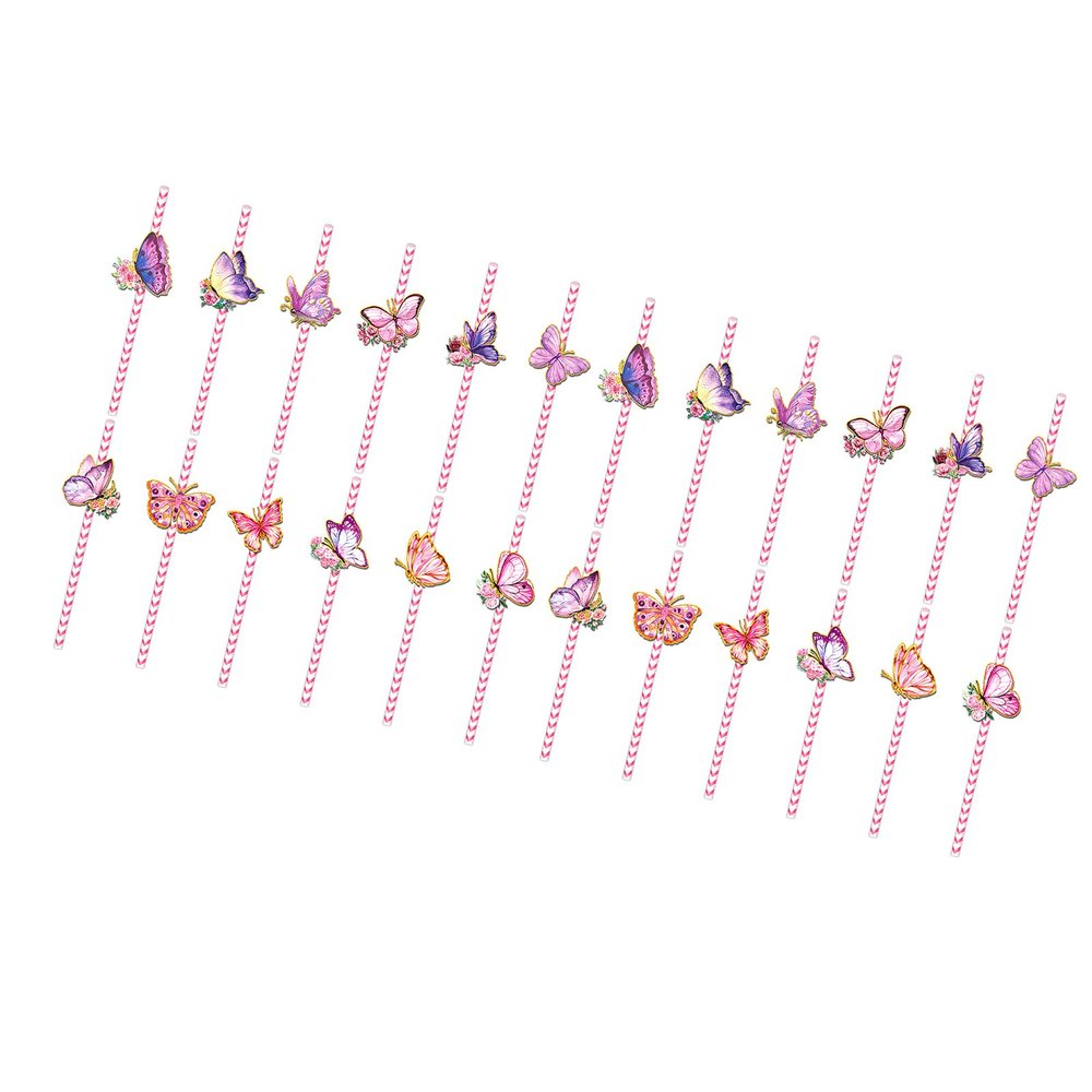24pcs Butterfly Themed Drinking Straws Decorative Beverage Stripe Paper Straws For Gatherings Parties Supplies Picnics Paper Straw