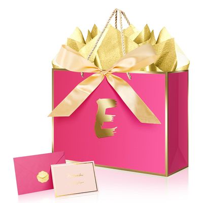 XiaosRen Personalized Gift Bag with Card and Tissue Paper, 12.6" Paper Bag with Ribbon for Women Girls Birthday Anniversary Wedding Bridesmaid (Hot Pink, E)
