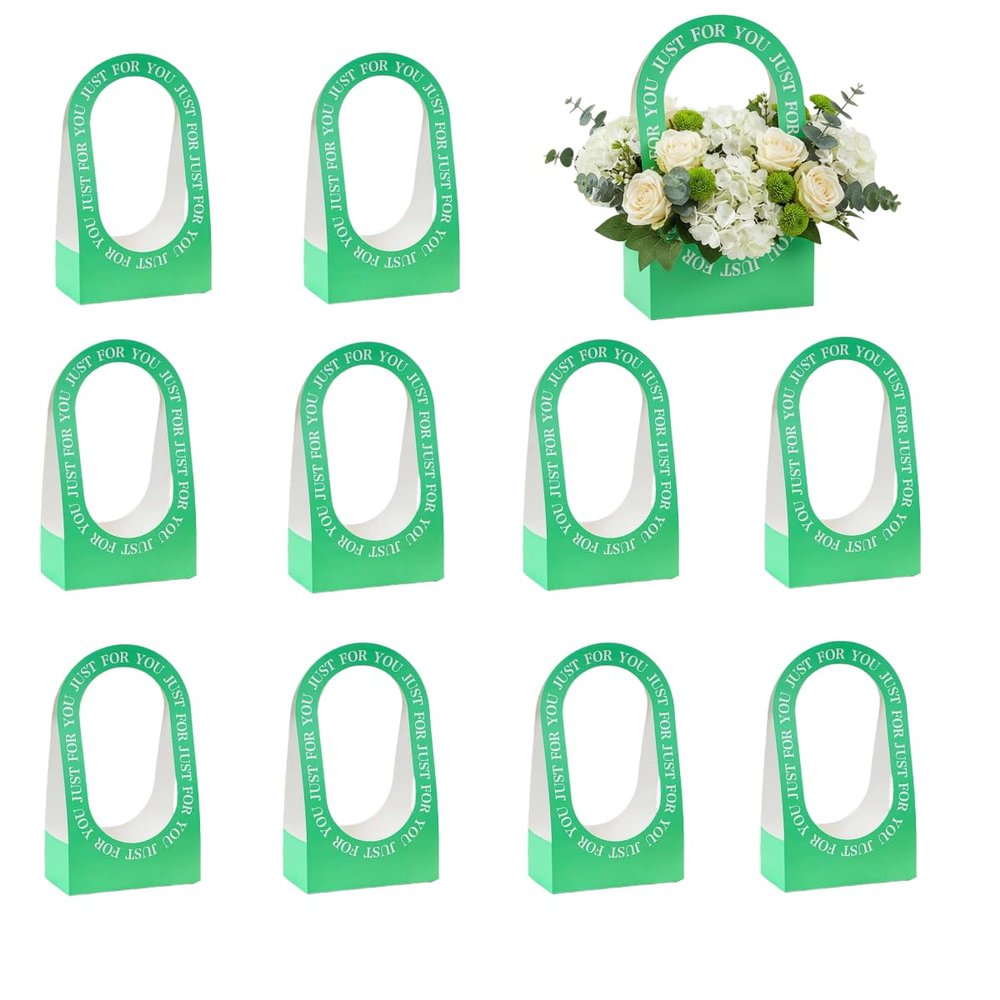 10Pcs Cardboard Flower Box with Handle Floral Gift Boxes with Handles Portable Bouquet Packaging for Florist (Green)