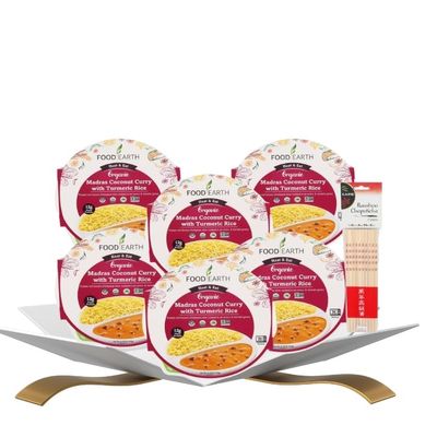 6x Curry Madras Coconut Turmeric Rice 10.58 oz Bundle with Chopstick Pair Ready-to-Eat Organic Curry Meal with Creamy Coconut Rice Flavor and Fragrant Spiced Gift Set (7 Items)