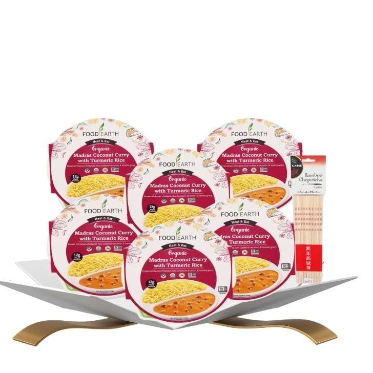 6x Curry Madras Coconut Turmeric Rice 10.58 oz Bundle with Chopstick Pair Ready-to-Eat Organic Curry Meal with Creamy Coconut Rice Flavor and Fragrant Spiced Gift Set (7 Items)